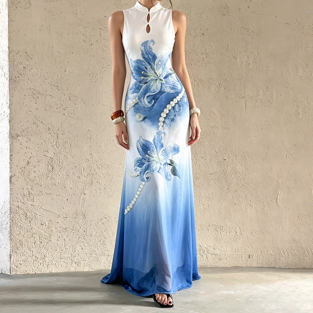 Zara Hollow Out Cheongsam Dress Floral Print Gradient Maxi